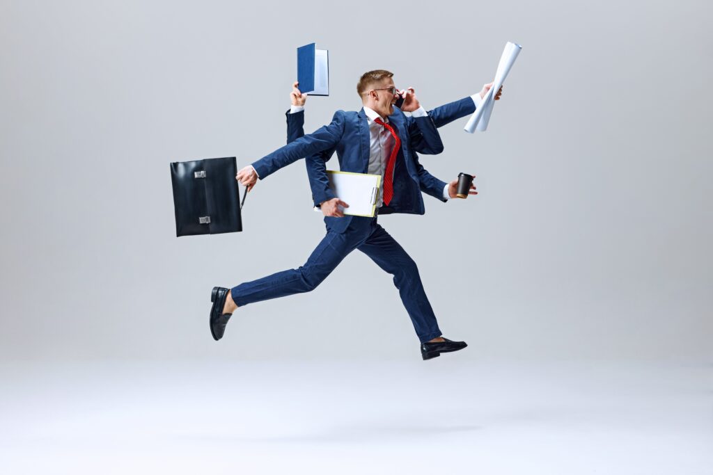 A busy professional on the go depicting the concept of hustle culture.